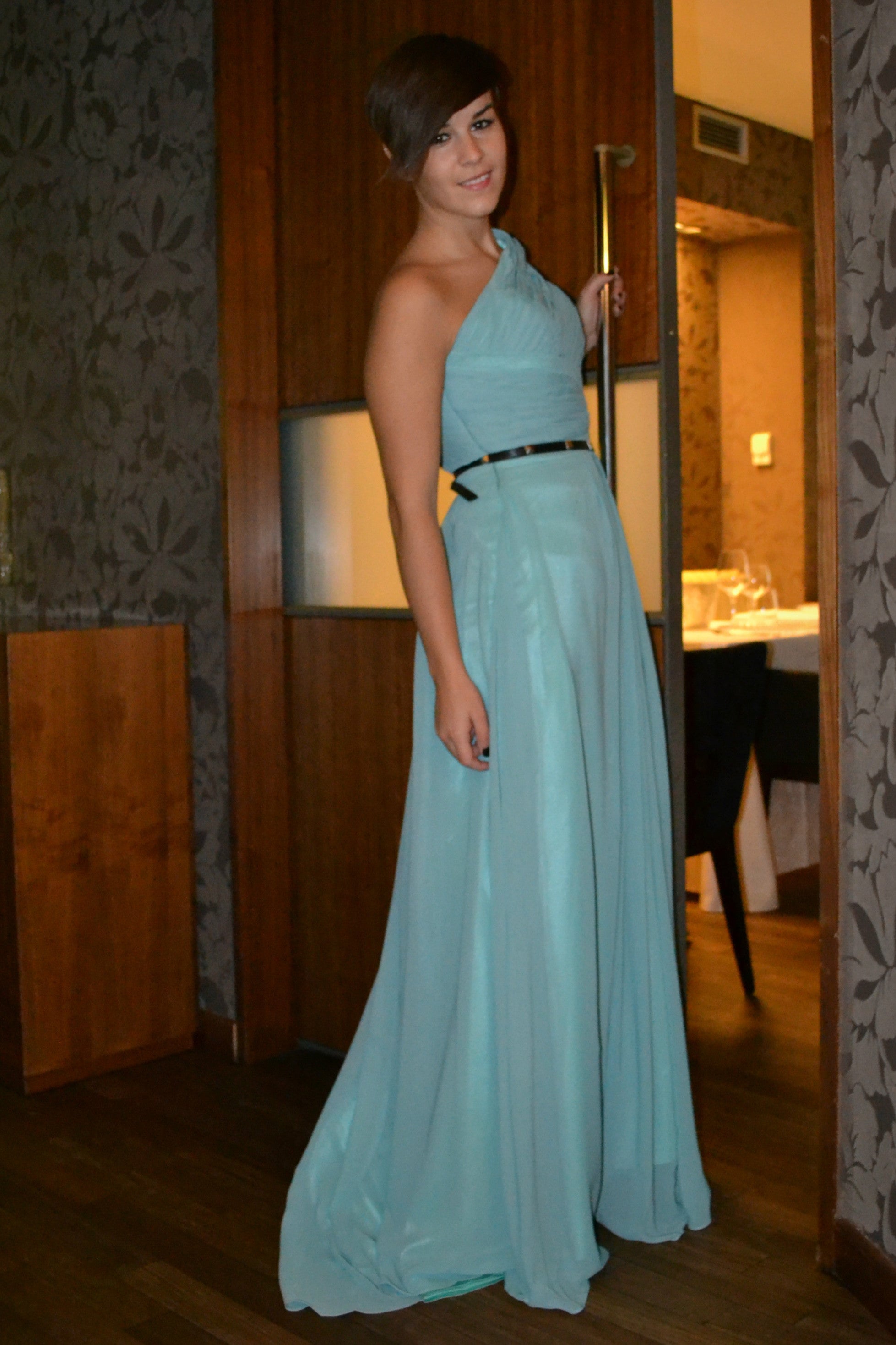 OKBBN A-line elegant chiffon thin shoulder strap ruffle edge sleeveless and floor dance dress main image 1