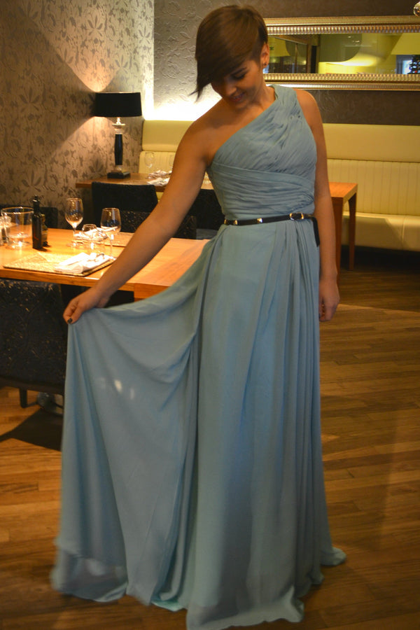 A-line One Shoulder Floor Length Sleeveless Chiffon Evening Dress-Ballbella