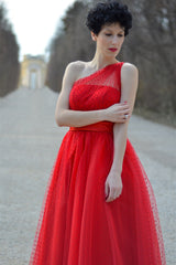 A-line One-shoulder Floor Length Sleeveless Tulle Evening Dress-Ballbella