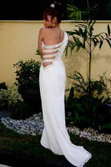A-line One-shoulder Irregular Waist Floor Length Chiffon Metal Ring Evening Dress-Ballbella