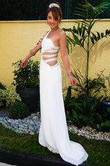 A-line One-shoulder Irregular Waist Floor Length Chiffon Metal Ring Evening Dress-Ballbella