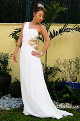 A-line One-shoulder Irregular Waist Floor Length Chiffon Metal Ring Evening Dress-Ballbella