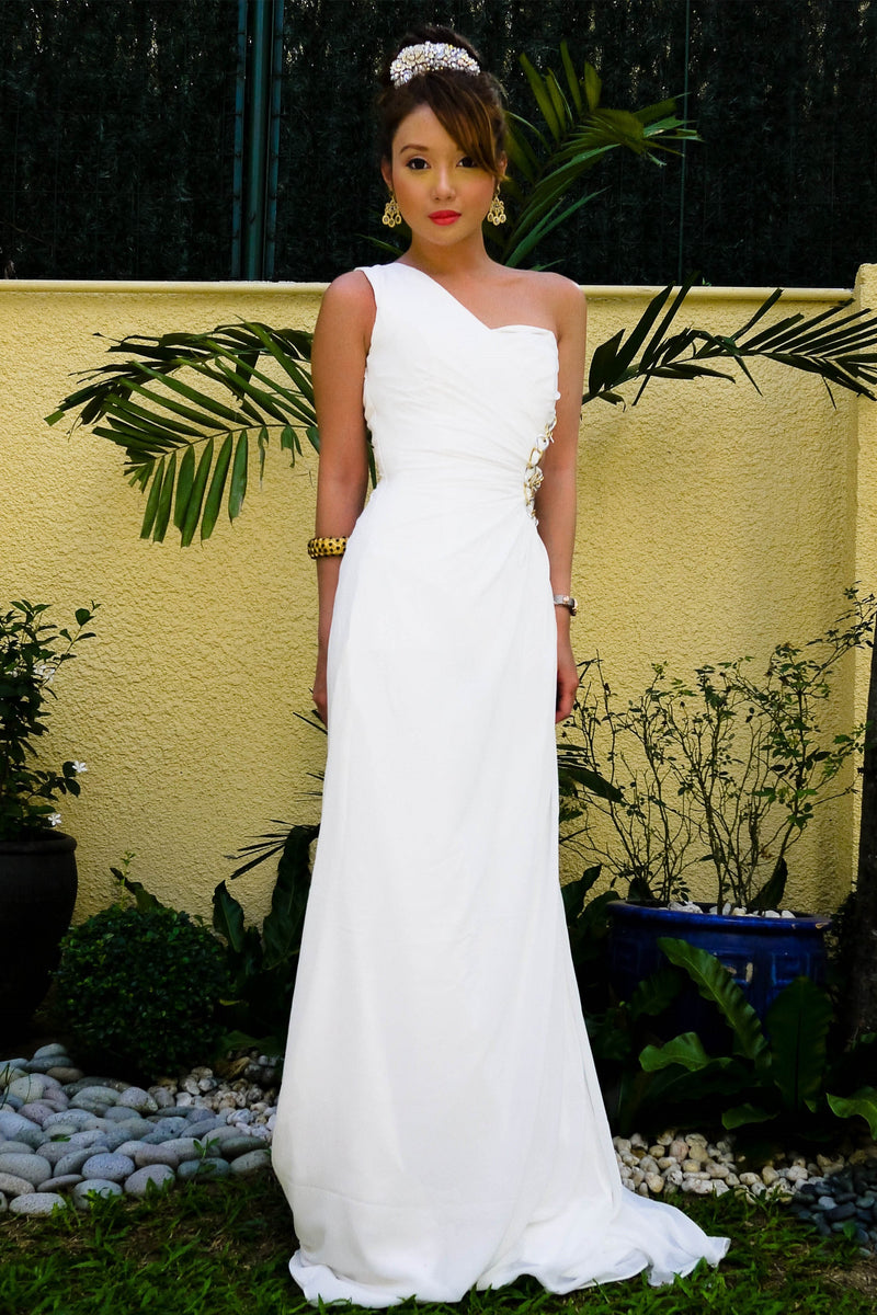 A-line One-shoulder Irregular Waist Floor Length Chiffon Metal Ring Evening Dress-Ballbella