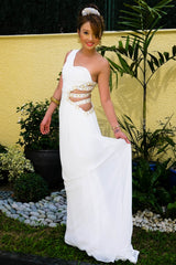 A-line One-shoulder Irregular Waist Floor Length Chiffon Metal Ring Evening Dress-Ballbella