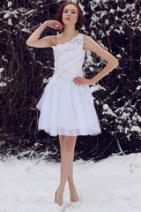 A-line One-shoulder Knee Length Tulle Lace Applique Prom Dress-Ballbella
