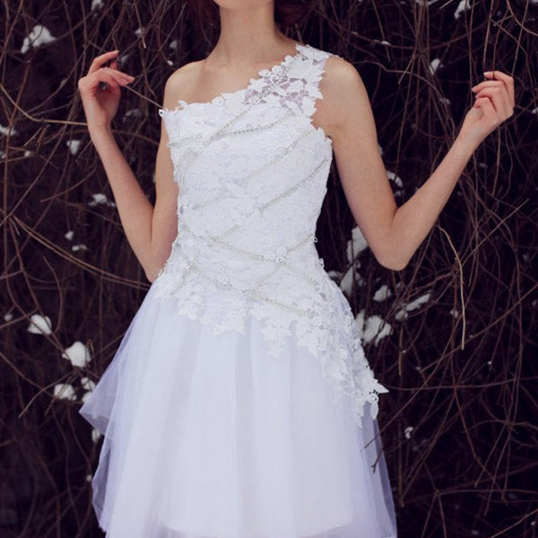 A-line One-shoulder Knee Length Tulle Lace Applique Prom Dress