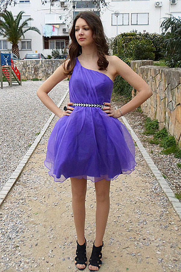 A-line One-shoulder Knee Length Tulle Rhinestone Backless Prom Dress-Ballbella