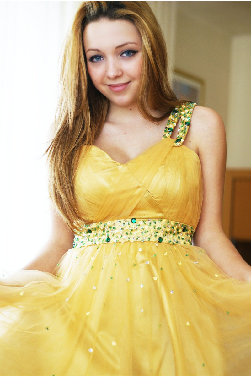 A-line One-shoulder Knee Length Tulle Rhinestone Prom Dress-Ballbella