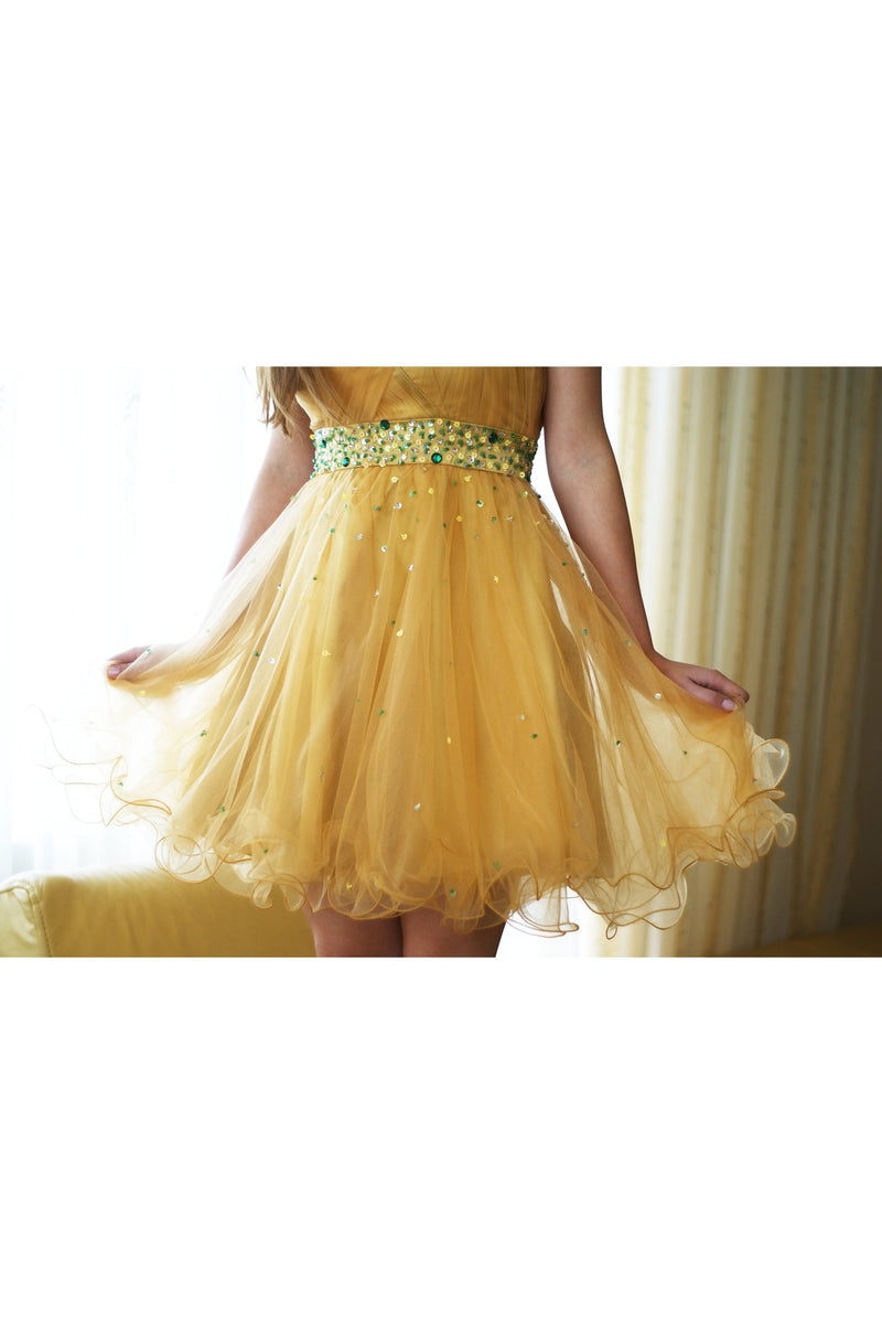 A-line One-shoulder Knee Length Tulle Rhinestone Prom Dress-Ballbella