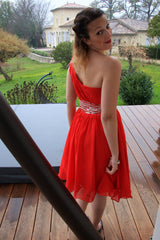 A-line One-shoulder Knee Length Tulle Spaghetti Homecoming Dress-Ballbella
