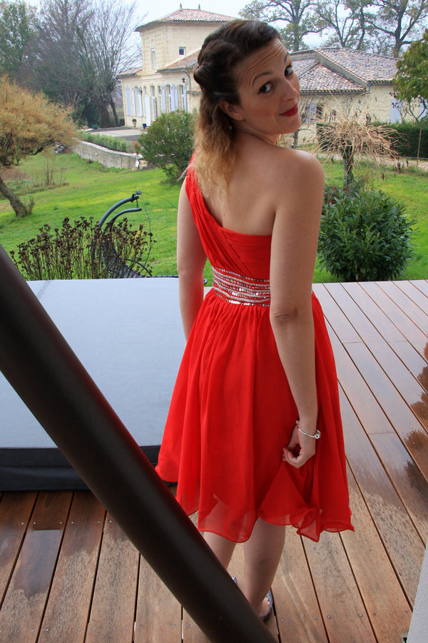A-line One-shoulder Knee Length Tulle Spaghetti Homecoming Dress-Ballbella