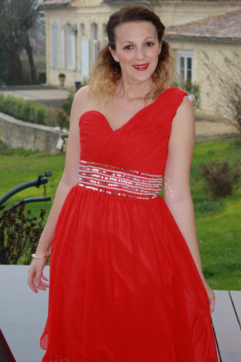 A-line One-shoulder Knee Length Tulle Spaghetti Homecoming Dress-Ballbella