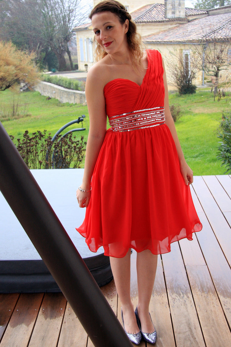 A-line One-shoulder Knee Length Tulle Spaghetti Homecoming Dress-Ballbella