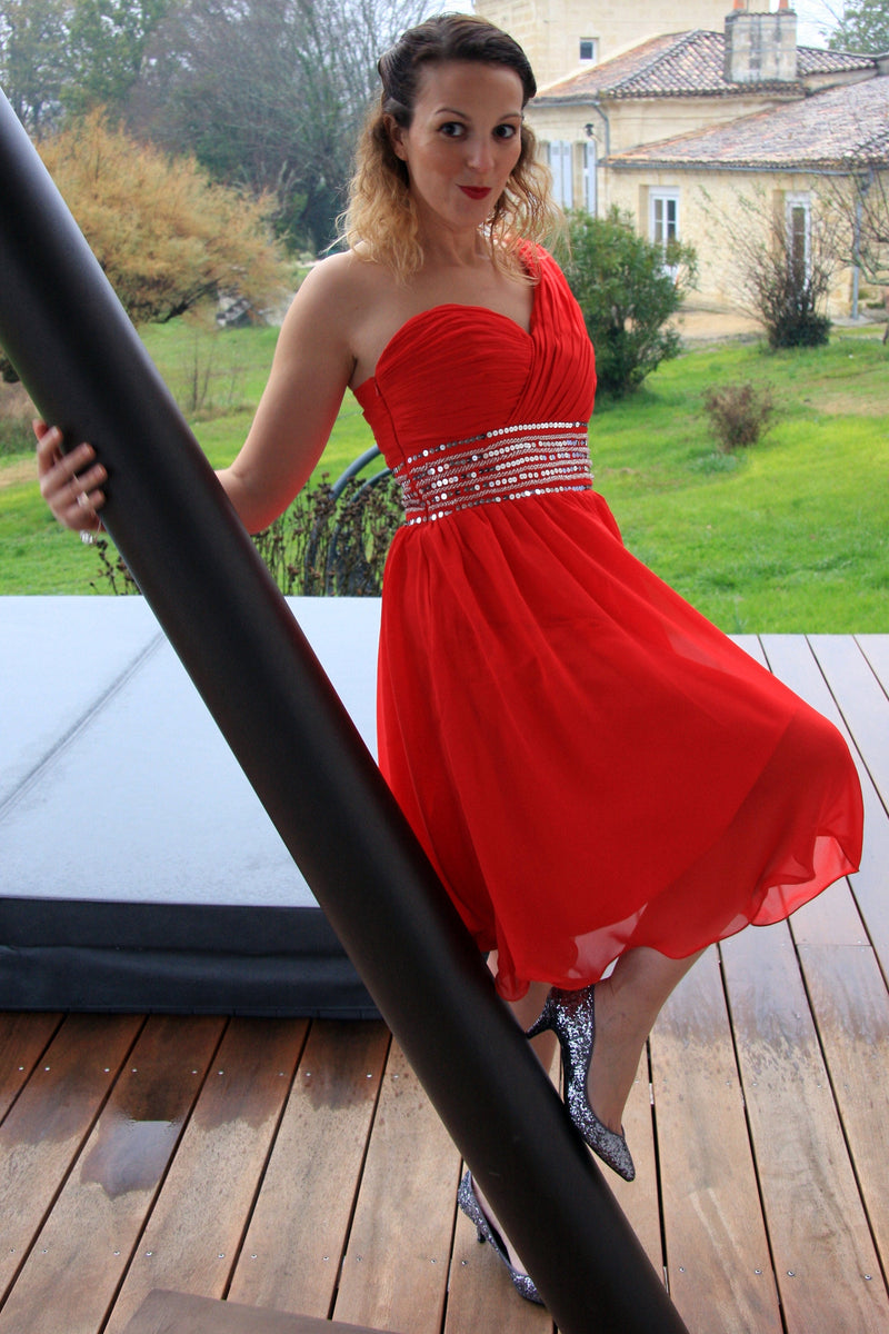 A-line One-shoulder Knee Length Tulle Spaghetti Homecoming Dress-Ballbella