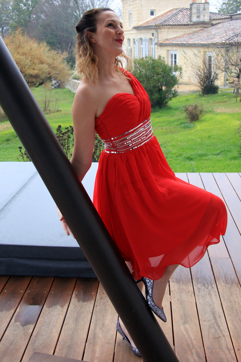 A-line One-shoulder Knee Length Tulle Spaghetti Homecoming Dress-Ballbella