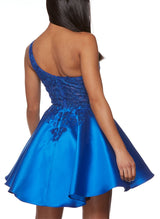 A-Line One-Shoulder Short/Mini Lace/Satin Homecoming Dresses-Ballbella