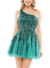 A-Line One-Shoulder Sleeveless Short/Mini Lace/Tulle Homecoming Dresses-Ballbella