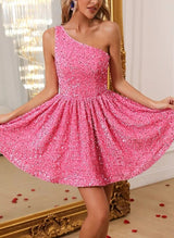 A-Line One-Shoulder Sleeveless Short/Mini Sequined Homecoming Dresses-Ballbella