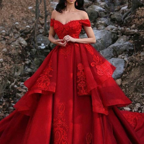 A-Line Portrait Irregular Hem Floor Length Organza Applique Evening Dress