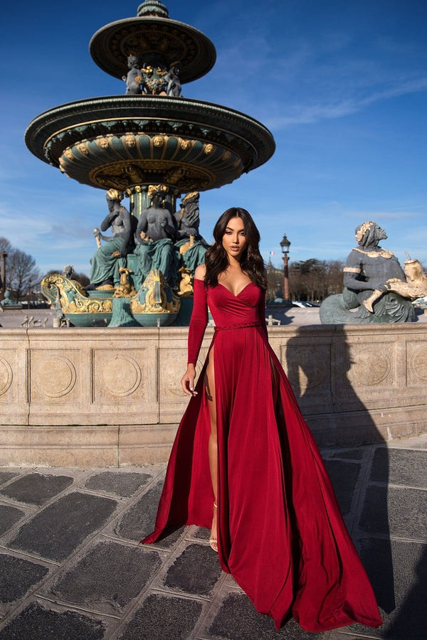 A-line Portrait V-neck Long Sleeve Front Slit Floor Length Chiffon Evening Dress