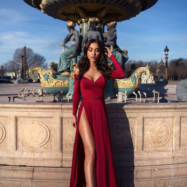 A Line Portrait V Neck Long Sleeve Front Slit Floor Length Chiffon Evening  Dress – Ballbella