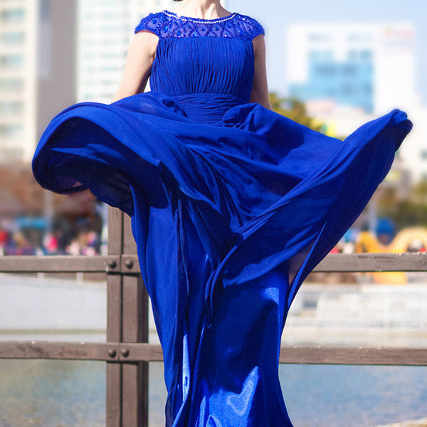 A-Line Round Collar Floor Length Chiffon Rhinestone Evening Dress
