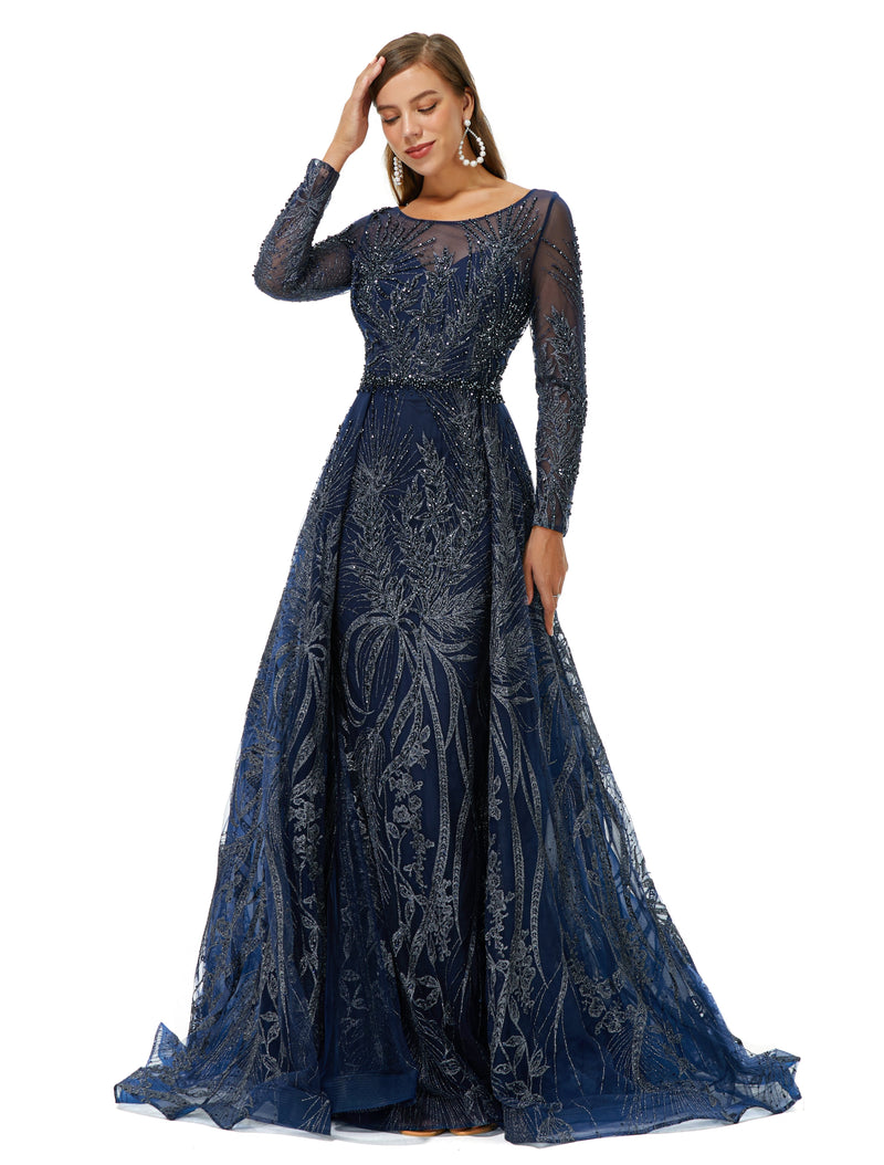 A-line Round Floor-length Long Sleeve Appliques Lace Beaded Prom Dress ...