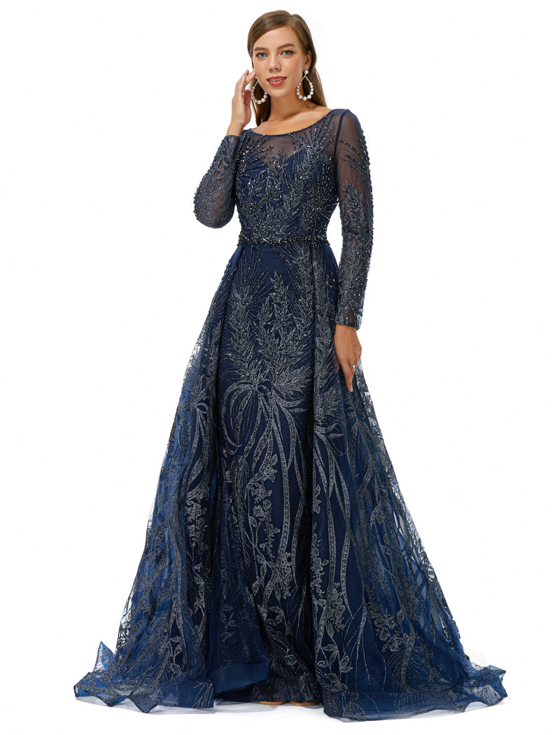 A-line Round Floor-length Long Sleeve Appliques Lace Beaded Prom Dress-Ballbella