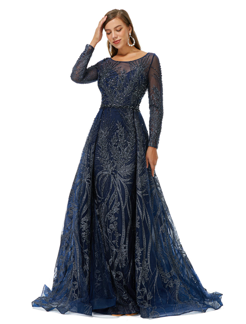 A-line Round Floor-length Long Sleeve Appliques Lace Beaded Prom Dress Ballbella A-line Round Floor-length Long Sleeve Appliques Lace Beaded Prom Dress Ballbella