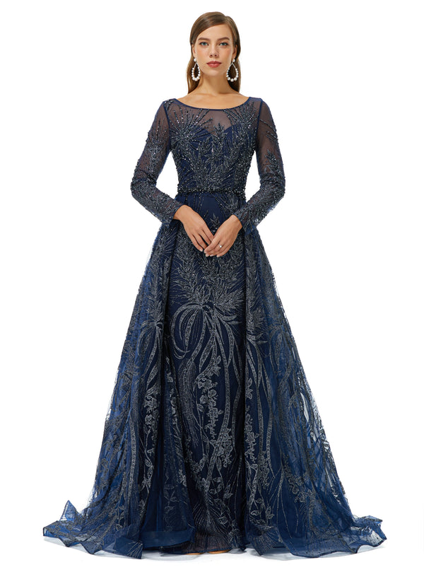 A-line Round Floor-length Long Sleeve Appliques Lace Beaded Prom Dress-Ballbella