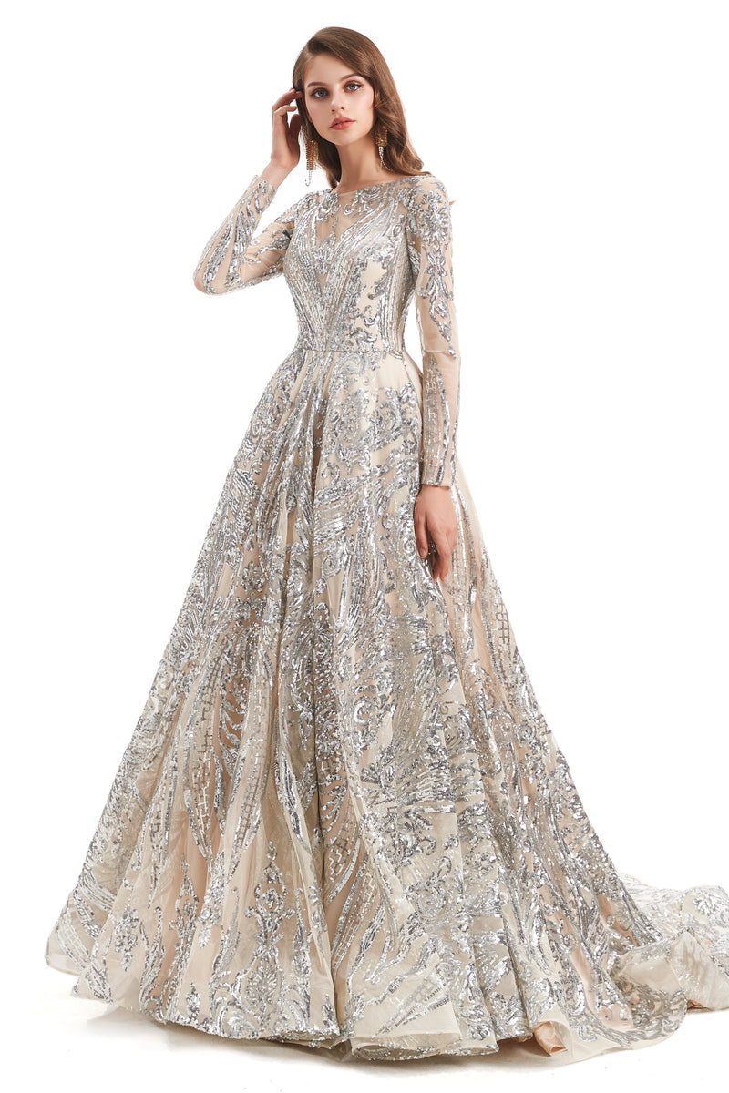 A-line Round Lace Sequined Floor-length Long Sleeve Open Back Prom Dress-Ballbella
