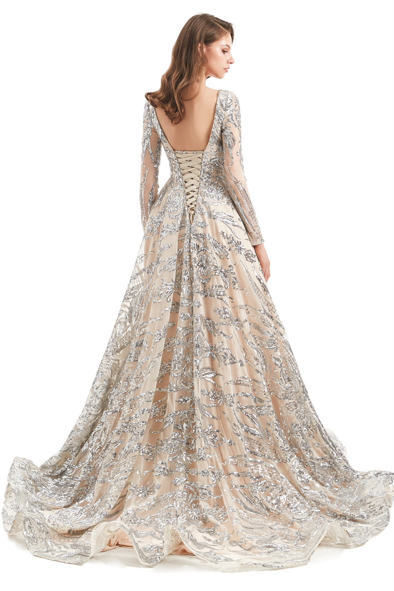 A-line Round Lace Sequined Floor-length Long Sleeve Open Back Prom Dress-Ballbella