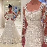 A-line Round Neck Long Sleeve Floor Length Tulle Applique Wedding Dress-Ballbella