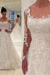 A-line Round Neck Long Sleeve Floor Length Tulle Applique Wedding Dress-Ballbella