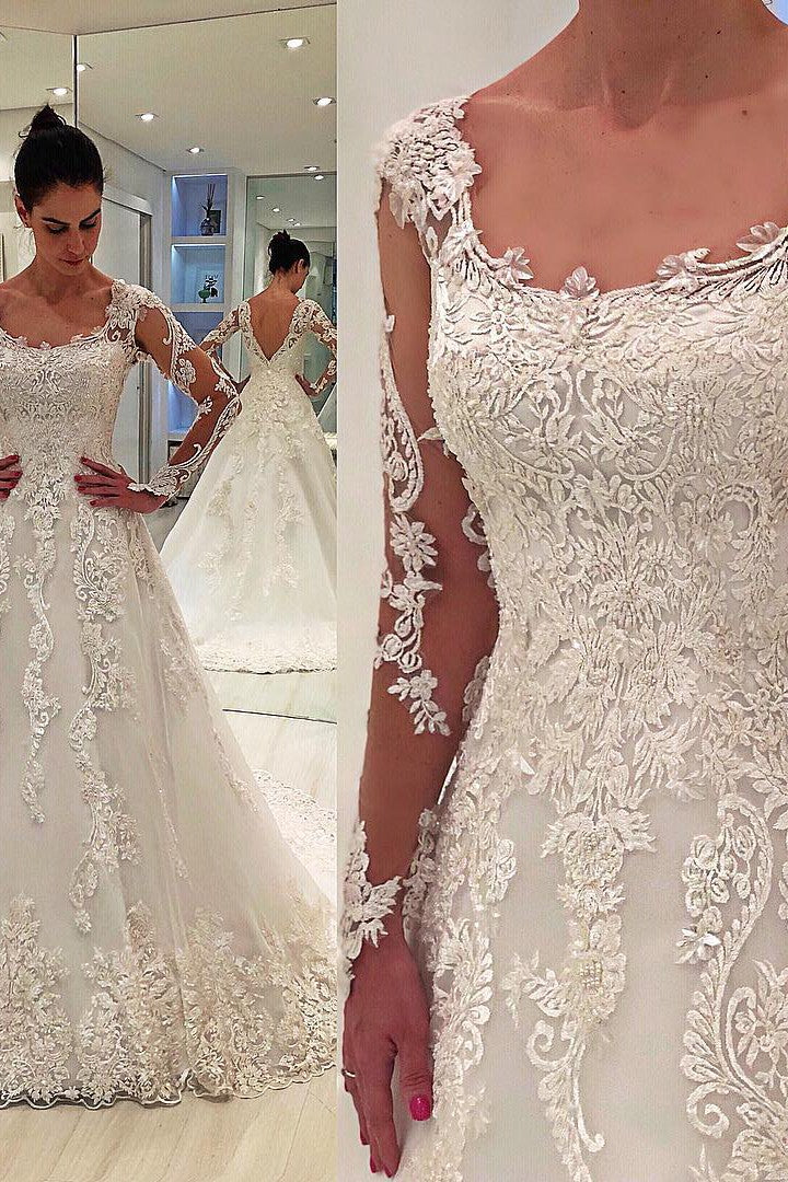 A-line Round Neck Long Sleeve Floor Length Tulle Applique Wedding Dress-Ballbella