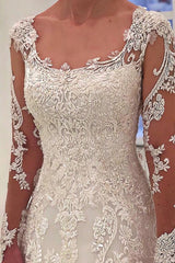 A-line Round Neck Long Sleeve Floor Length Tulle Applique Wedding Dress-Ballbella