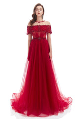 A-line Round Sequined Floor-length Cap Sleeve Open Back Appliques Lace Prom Dress-Ballbella