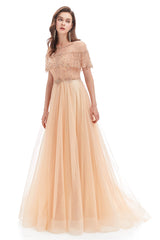 A-line Round Sequined Floor-length Cap Sleeve Open Back Appliques Lace Prom Dress-Ballbella