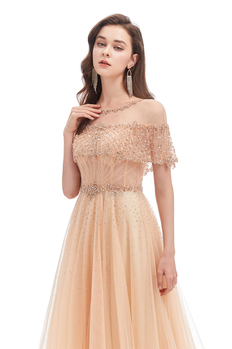 A-line Round Sequined Floor-length Cap Sleeve Open Back Appliques Lace Prom Dress-Ballbella