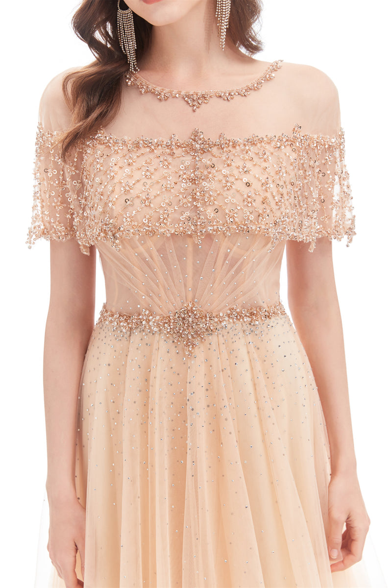 A-line Round Sequined Floor-length Cap Sleeve Open Back Appliques Lace Prom Dress-Ballbella