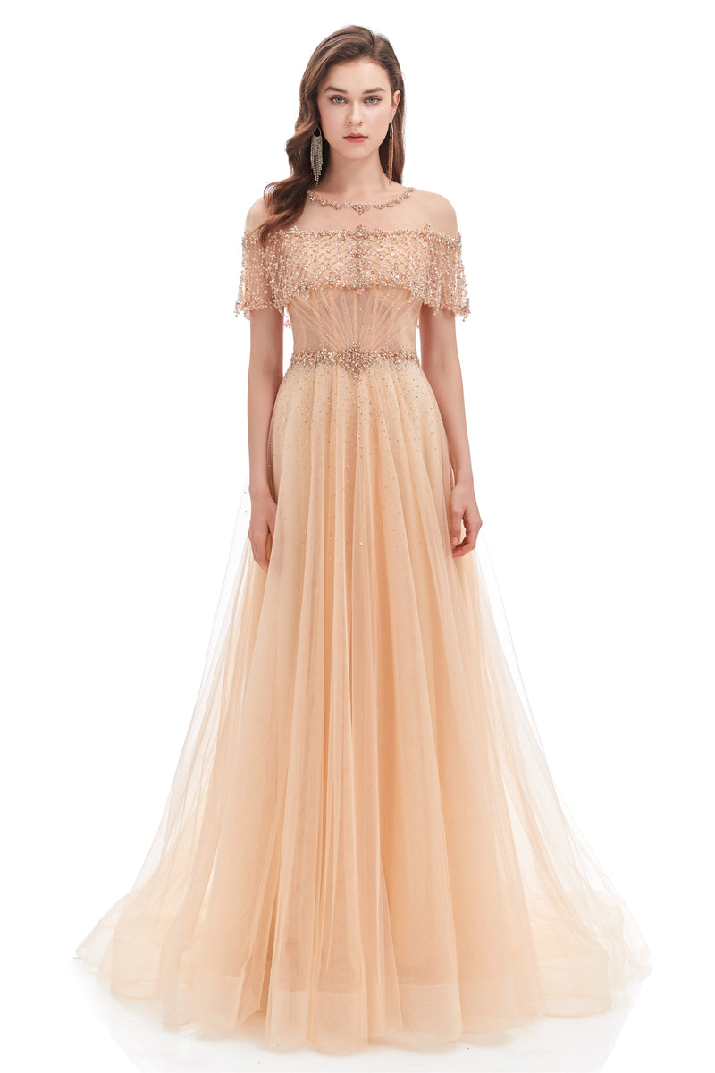 A-line Round Sequined Floor-length Cap Sleeve Open Back Appliques Lace Prom Dress-Ballbella