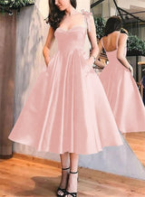 A-Line Satin Sweetheart Homecoming Dresses With Pockets-Ballbella