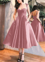 A-Line Satin Sweetheart Homecoming Dresses With Pockets-Ballbella
