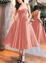 A-Line Satin Sweetheart Homecoming Dresses With Pockets-Ballbella