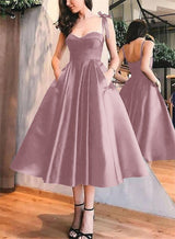 A-Line Satin Sweetheart Homecoming Dresses With Pockets-Ballbella
