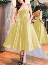 A-Line Satin Sweetheart Homecoming Dresses With Pockets-Ballbella