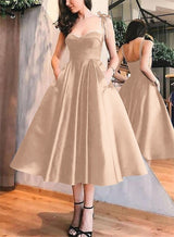 A-Line Satin Sweetheart Homecoming Dresses With Pockets-Ballbella