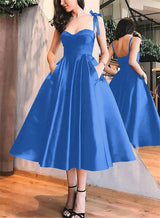 A-Line Satin Sweetheart Homecoming Dresses With Pockets-Ballbella