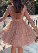 A-line Scoop Neck Long Sleeves Short/Mini Tull Homecoming Dress With Pleated-Ballbella