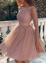A-line Scoop Neck Long Sleeves Short/Mini Tull Homecoming Dress With Pleated-Ballbella